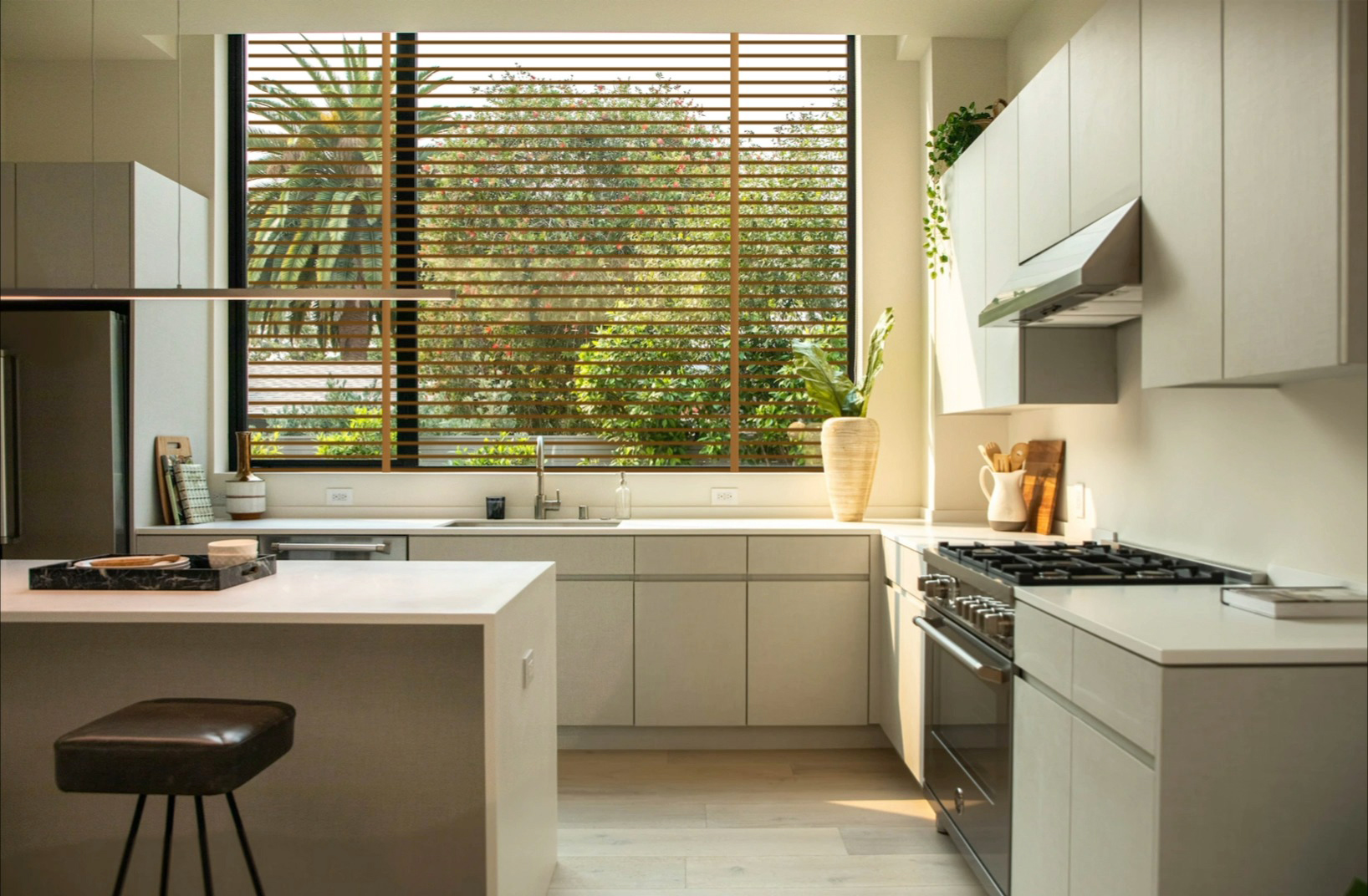 modern kitchen with blinds open