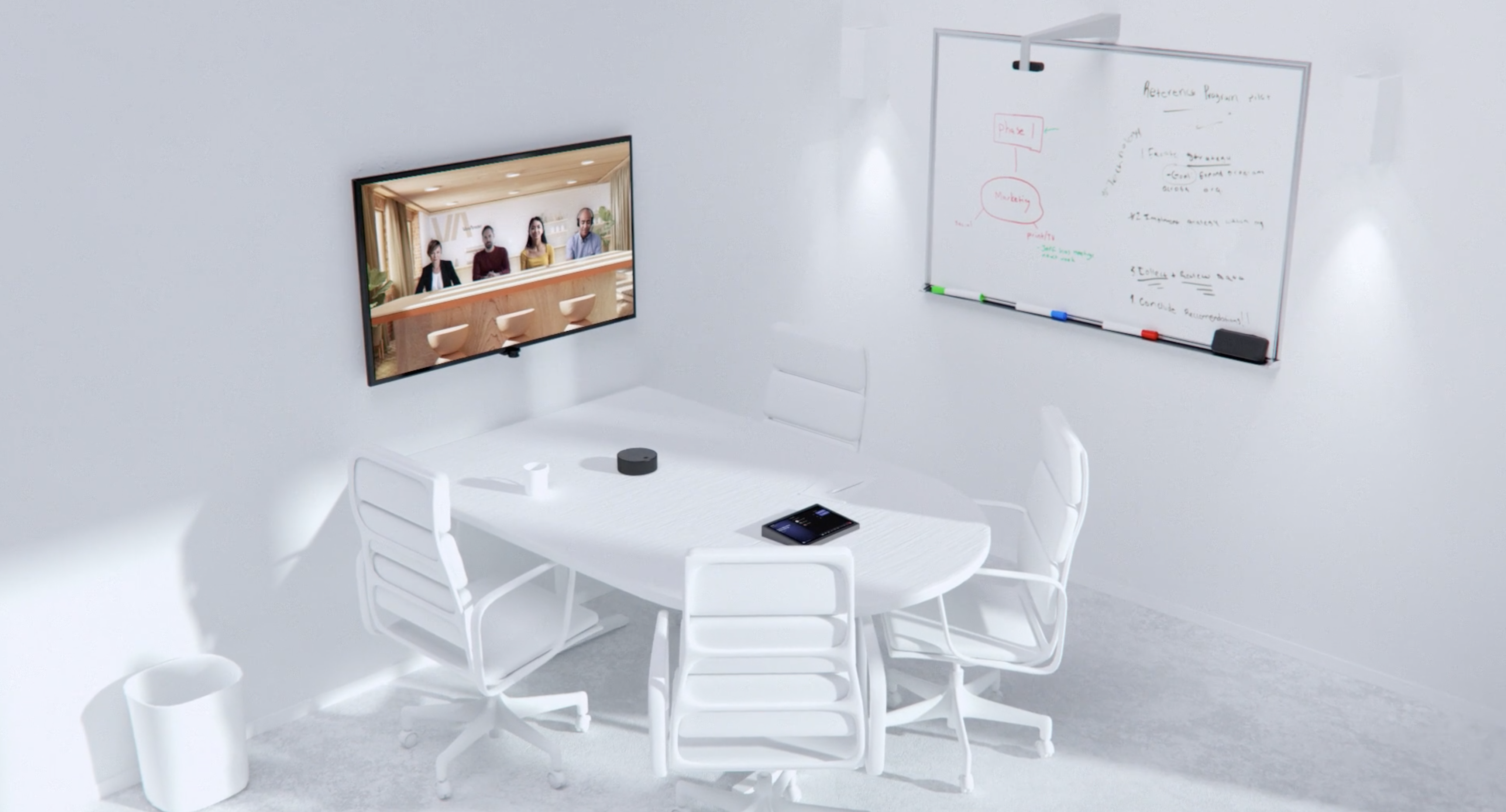 white meeting room with tv and boardroom table