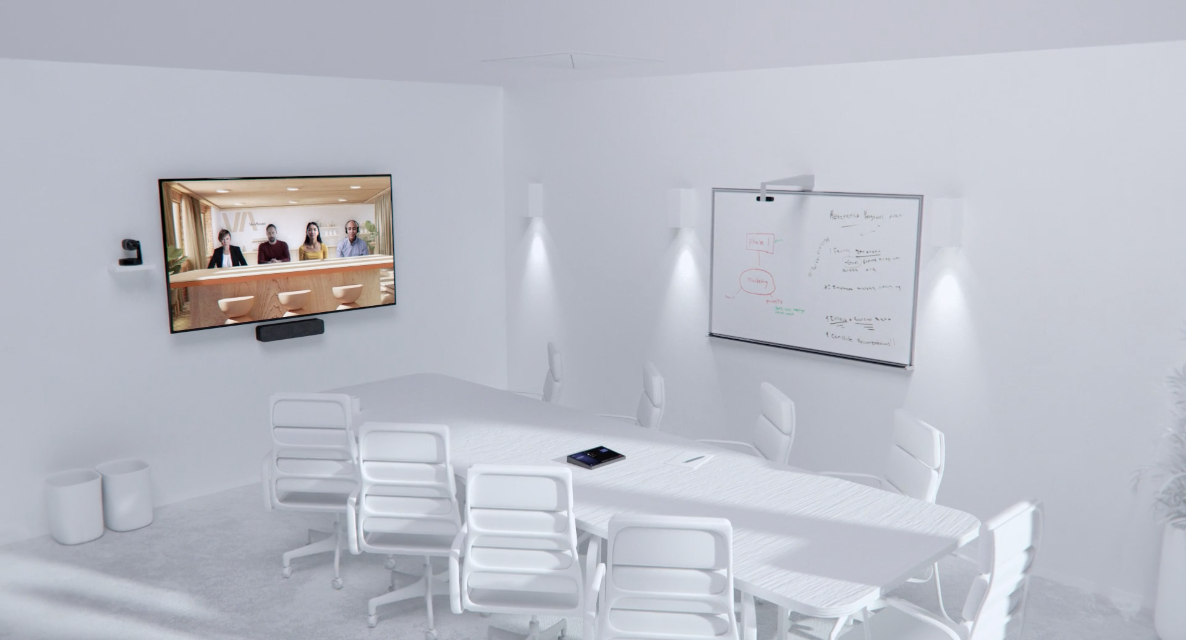 white meeting room with tv and boardroom table