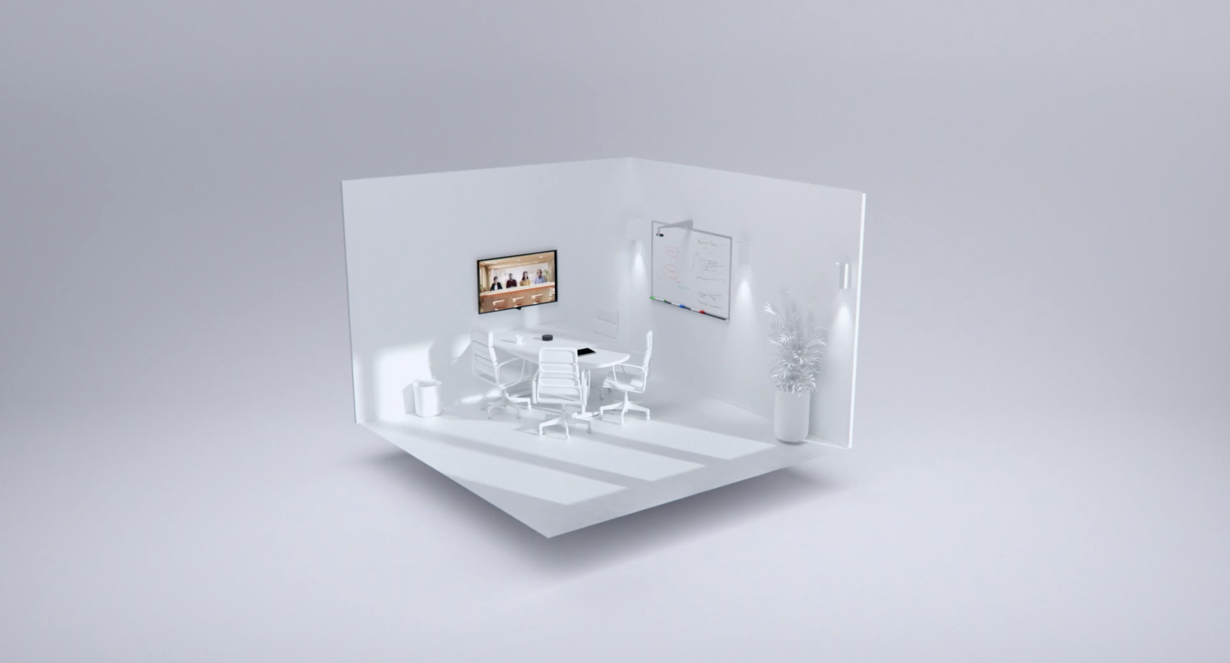white meeting room with tv and boardroom table