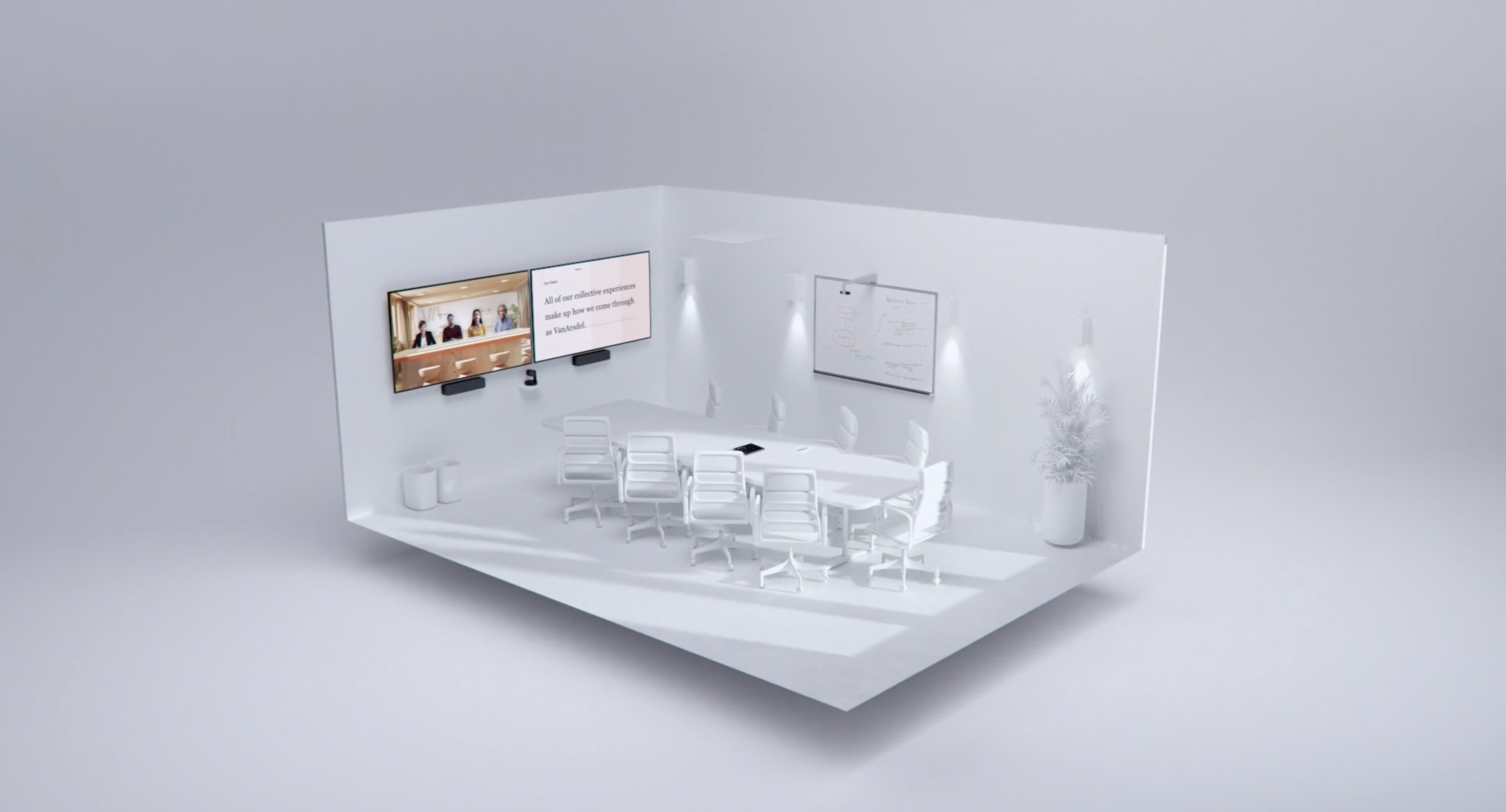 white meeting room with tv and boardroom table